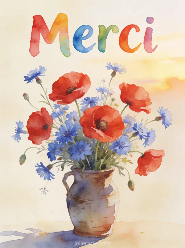 Composition florale estivale avec des coquelicots rouges et des bleuets dans un vase rustique à l'aquarelle avec le texte Merci