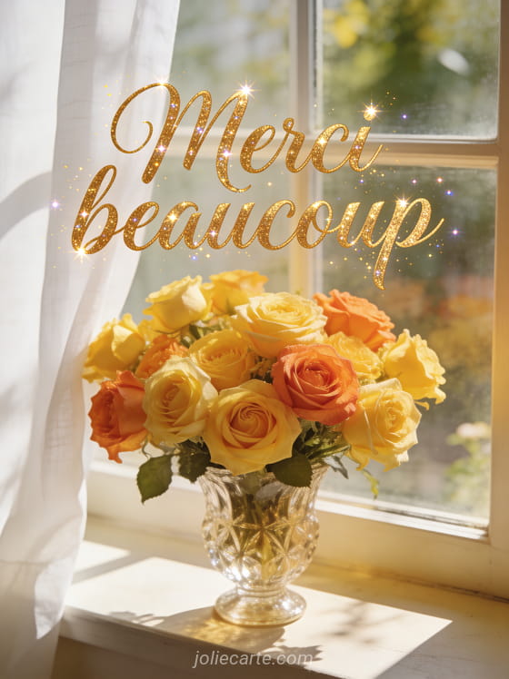 Arrangement de roses jaunes et orangées dans un vase en cristal sur un rebord de fenêtre ensoleillé avec le texte Merci beaucoup en lettres dorées