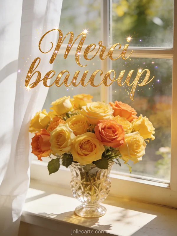 Arrangement de roses jaunes et orangées dans un vase en cristal sur un rebord de fenêtre ensoleillé avec le texte Merci beaucoup en lettres dorées
