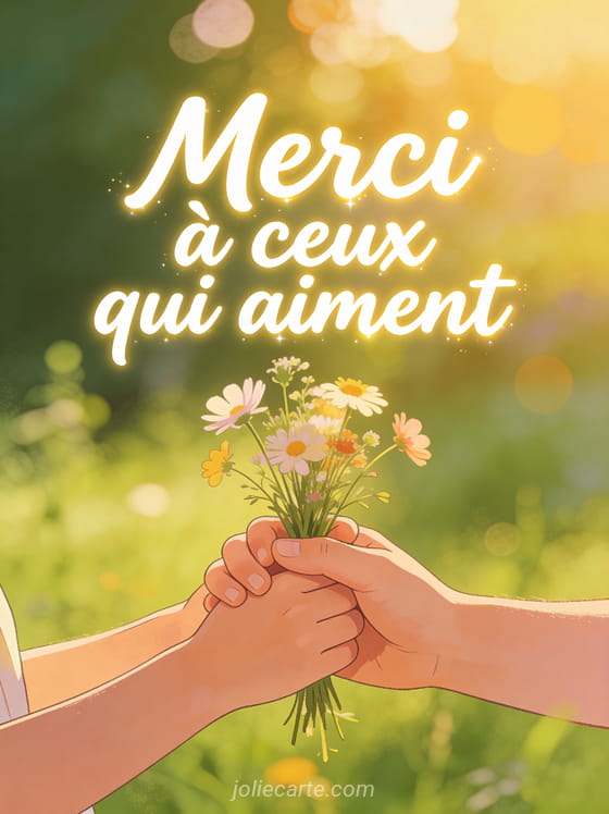 Deux mains enlacées tenant un petit bouquet de fleurs des champs dans la lumière dorée d'été avec le texte Merci à ceux qui aiment