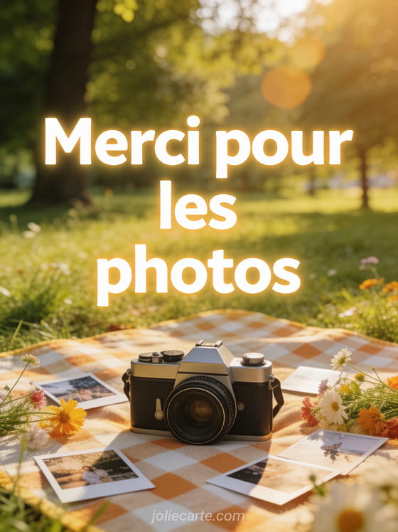 Appareil photo vintage sur une couverture de pique-nique dans un parc verdoyant avec des photos éparpillées et le texte Merci pour les photos