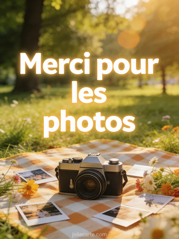 Appareil photo vintage sur une couverture de pique-nique dans un parc verdoyant avec des photos éparpillées et le texte Merci pour les photos