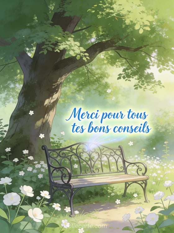 Banc de jardin en fer forgé sous un grand chêne feuillu d'été avec des fleurs blanches et le texte Merci pour tous tes bons conseils