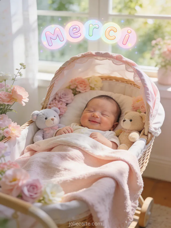 Adorable bébé endormi souriant dans un couffin entouré de peluches et de fleurs pastel avec le texte Merci en lettres rondes pastel