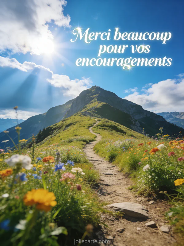 Sentier de montagne d'été menant vers un sommet ensoleillé avec des prairies alpines fleuries et le texte Merci beaucoup pour vos encouragements