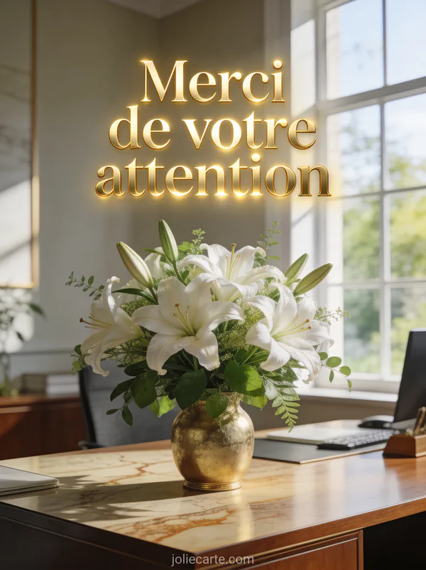 Arrangement de lys blancs et feuillage vert dans un vase doré sur un bureau en bois avec une lumière d'été et le texte Merci de votre attention