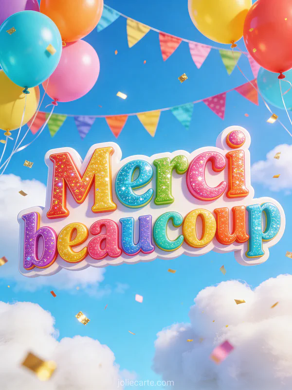 Ballons multicolores flottant dans un ciel bleu d'été avec des confettis dorés et des guirlandes et le texte Merci beaucoup