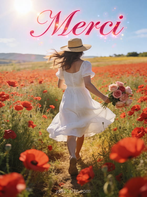 Femme de dos en robe d'été blanche marchant dans un champ de coquelicots rouges sous le soleil avec un chapeau de paille et le texte Merci