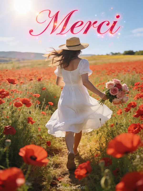 Femme de dos en robe d'été blanche marchant dans un champ de coquelicots rouges sous le soleil avec un chapeau de paille et le texte Merci