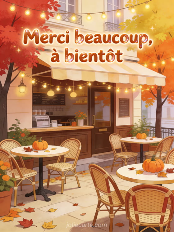 Café en terrasse en automne avec tables décorées de petites citrouilles et feuilles arbres aux couleurs d'automne et guirlandes lumineuses style illustration