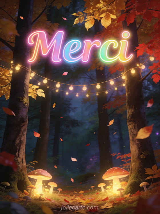 Forêt d'automne enchantée avec guirlandes de lumières entre les arbres feuilles dorées et rouges champignons lumineux au pied des arbres et le texte Merci en lettres colorées néon