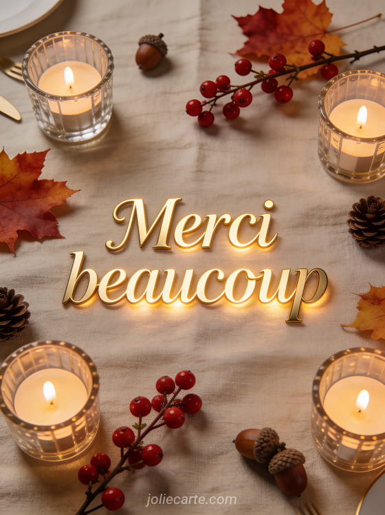 Arrangement automnal sophistiqué avec bougies dans des photophores en verre branches de baies rouges feuilles d'érable et pommes de pin sur nappe en lin