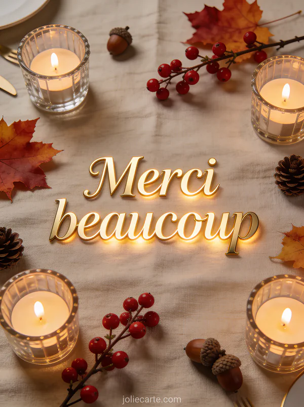 Arrangement automnal sophistiqué avec bougies dans des photophores en verre branches de baies rouges feuilles d'érable et pommes de pin sur nappe en lin