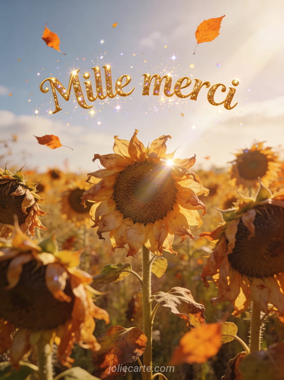 Champ de tournesols d'automne aux pétales dorés ciel automnal lumineux feuilles orangées volant dans le vent avec le texte Mille merci en lettres dorées scintillantes