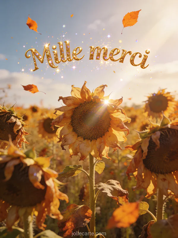 Champ de tournesols d'automne aux pétales dorés ciel automnal lumineux feuilles orangées volant dans le vent avec le texte Mille merci en lettres dorées scintillantes