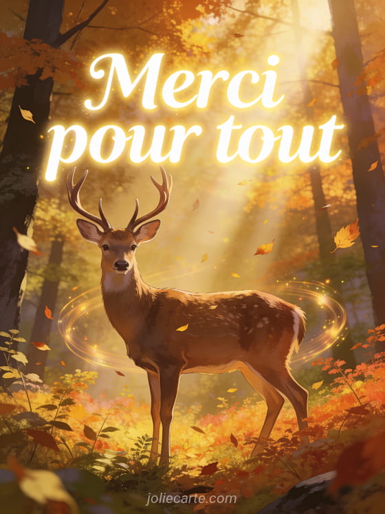 Cerf majestueux dans une forêt d'automne baignée de lumière dorée feuilles tombant sous-bois aux couleurs flamboyantes rayons de soleil à travers la canopée