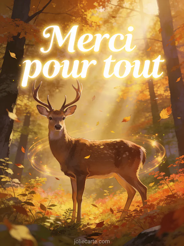Cerf majestueux dans une forêt d'automne baignée de lumière dorée feuilles tombant sous-bois aux couleurs flamboyantes rayons de soleil à travers la canopée