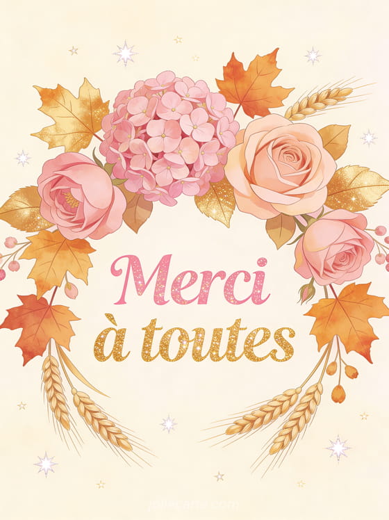 Composition florale automnale avec hortensias roses roses feuilles d'érable dorées et brins de blé sur fond crème avec le texte Merci à toutes en lettres roses et dorées