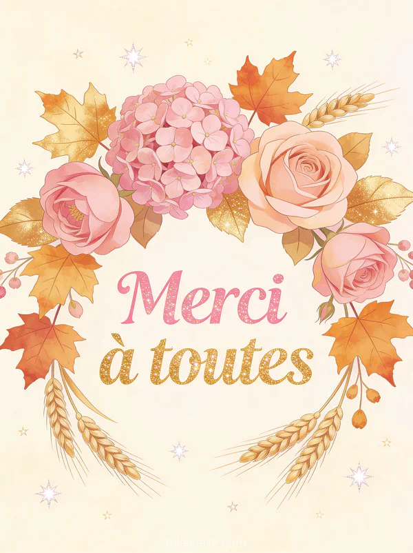 Composition florale automnale avec hortensias roses roses feuilles d'érable dorées et brins de blé sur fond crème avec le texte Merci à toutes en lettres roses et dorées