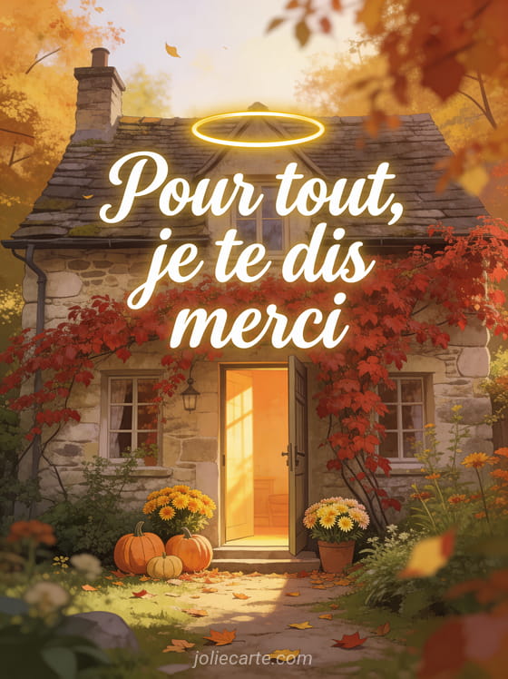 Cottage en pierres entouré d'un jardin d'automne luxuriant vigne vierge rouge sur la façade porte entrouverte citrouilles et chrysanthèmes sur le pas de la porte