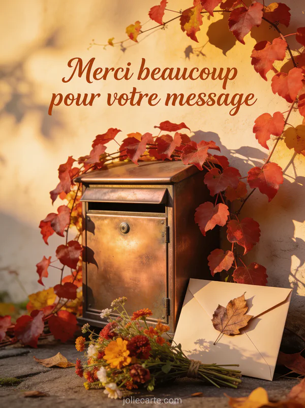 Boîte aux lettres vintage en cuivre entourée de lierre aux feuilles rouges d'automne avec enveloppes décorées et bouquet de fleurs sauvages automnales