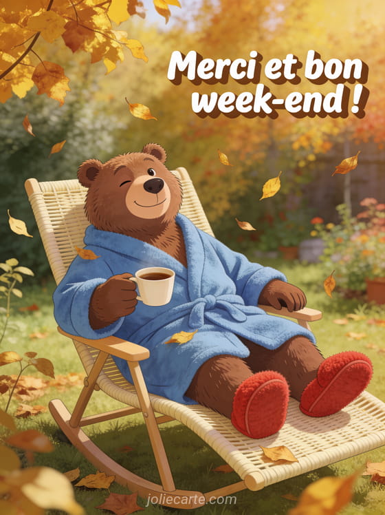 Ours brun en peignoir de bain avec chaussons et café affalé dans un transat dans un jardin d'automne avec feuilles dorées qui tombent style illustration humoristique