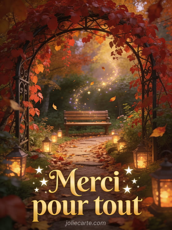 Jardin secret d'automne avec arche en fer forgé couverte de vigne vierge rouge sentier de feuilles mortes banc en bois et lanternes allumées lumière magique