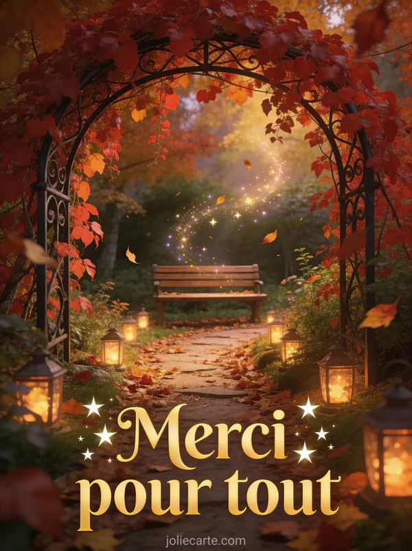 Jardin secret d'automne avec arche en fer forgé couverte de vigne vierge rouge sentier de feuilles mortes banc en bois et lanternes allumées lumière magique