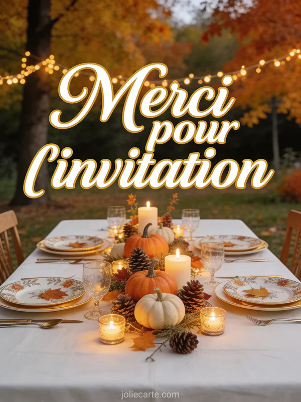 Table dressée pour un repas d'automne en extérieur nappe blanche centre de table avec citrouilles miniatures pommes de pin et bougies arbres d'automne et guirlandes lumineuses