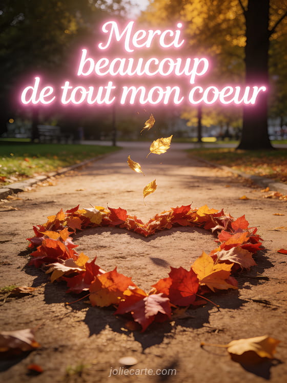 Grand coeur formé par des feuilles d'automne rouges et orangées posées au sol dans un parc avec feuilles dorées qui s'envolent lumière dorée rasante