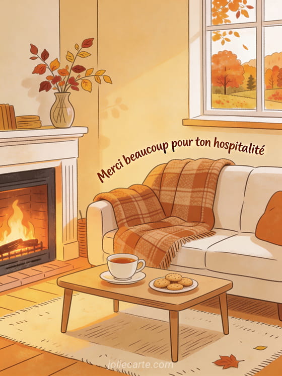 Intérieur cosy d'automne avec cheminée allumée plaids en laine sur un canapé table basse avec thé et biscuits vase de feuilles d'automne et fenêtre sur paysage automnal