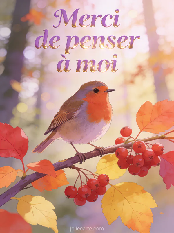 Rouge-gorge perché sur une branche de sorbier aux baies rouges feuilles d'automne colorées arrière-plan de forêt d'automne en bokeh lumière douce du matin