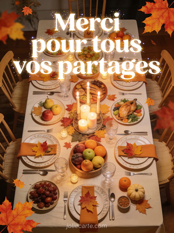 Grande table d'automne vue d'en haut avec plats fruits de saison feuilles d'érable décoratives verres et bougies ambiance de partage automnal style illustration