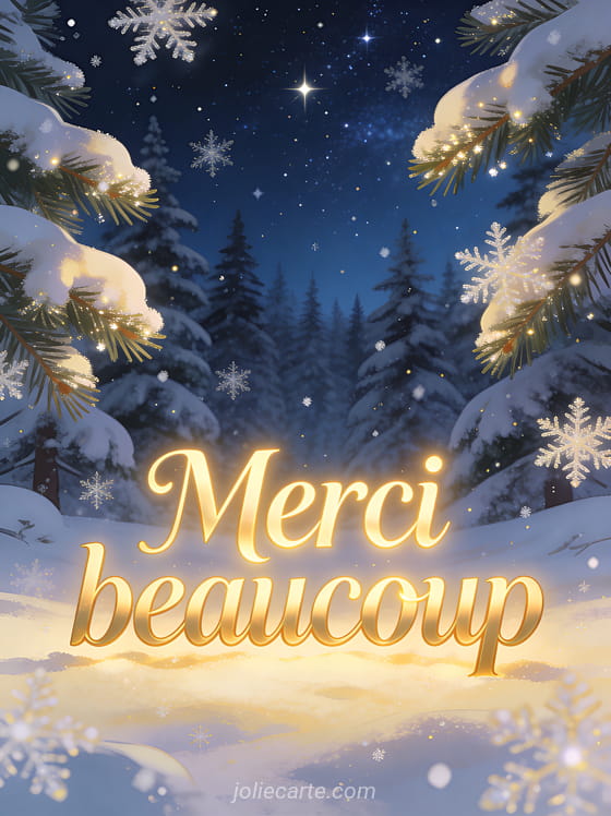 Texte Merci beaucoup en lettres dorées lumineuses sur un paysage hivernal avec forêt de sapins enneigés sous un ciel étoilé et flocons scintillants