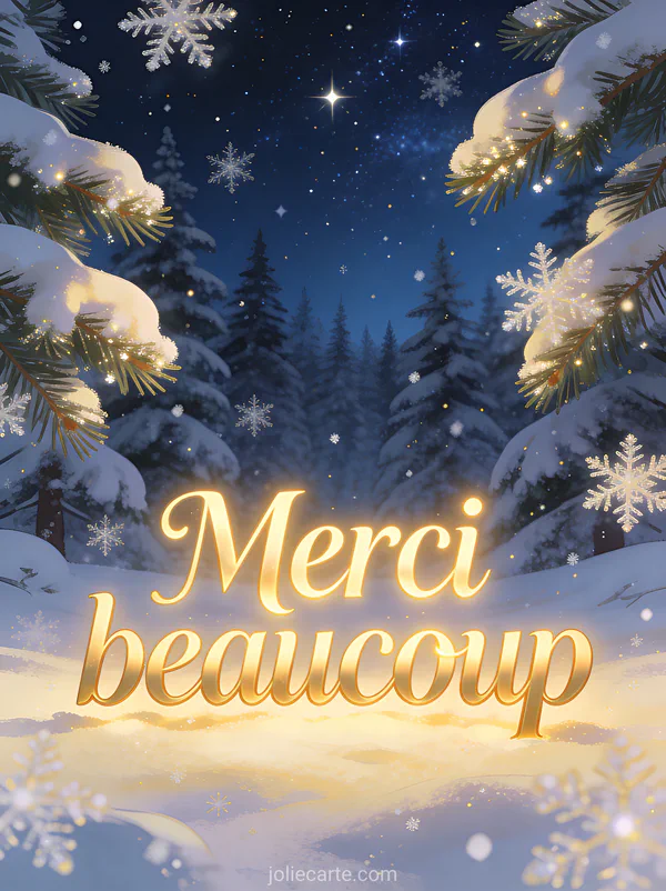 Texte Merci beaucoup en lettres dorées lumineuses sur un paysage hivernal avec forêt de sapins enneigés sous un ciel étoilé et flocons scintillants