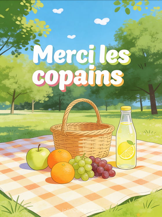 Illustration joyeuse d’un pique-nique dans un parc ensoleillé avec panier en osier et le texte Merci les copains