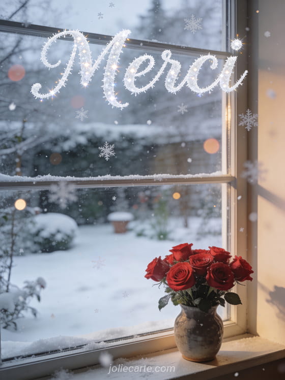 Texte Merci en lettres blanches cursives givrées avec un bouquet de roses rouges dans un vase sur un rebord de fenêtre donnant sur un jardin enneigé