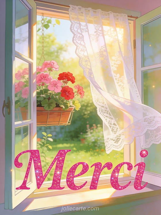 Fenêtre ouverte avec jardinière de géraniums roses et rideaux en dentelle avec le texte Merci