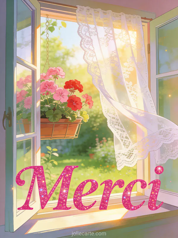 Fenêtre ouverte avec jardinière de géraniums roses et rideaux en dentelle avec le texte Merci