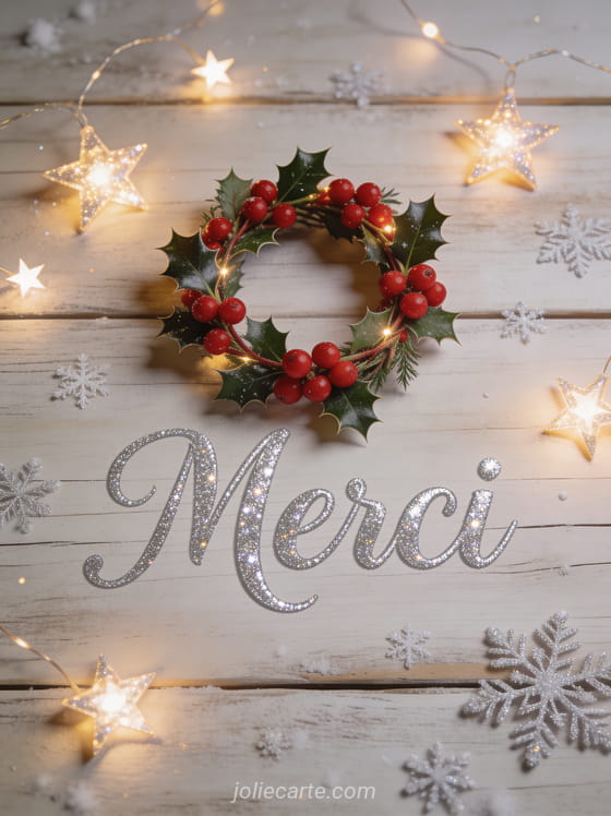 Texte Merci en lettres argentées calligraphiées pailletées avec une couronne de houx et baies rouges sur fond de bois clair rustique et flocons délicats