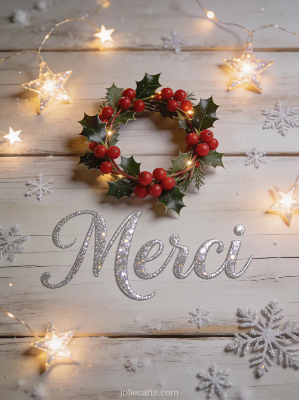 Texte Merci en lettres argentées calligraphiées pailletées avec une couronne de houx et baies rouges sur fond de bois clair rustique et flocons délicats