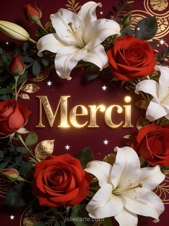 Composition florale luxuriante avec roses rouges et lys blancs sur fond bordeaux avec le texte Merci