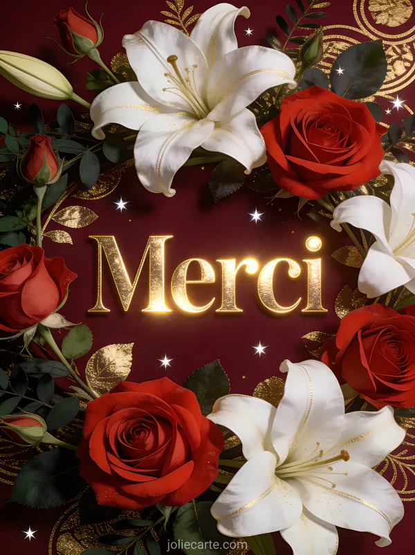 Composition florale luxuriante avec roses rouges et lys blancs sur fond bordeaux avec le texte Merci