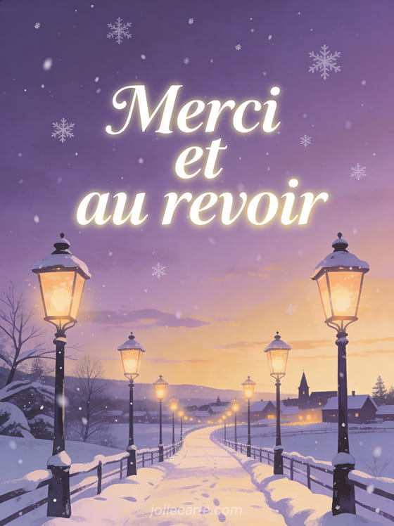 Texte Merci et au revoir en lettres blanches élégantes sur un chemin enneigé bordé de lanternes menant vers un village sous un ciel crépusculaire violet et doré