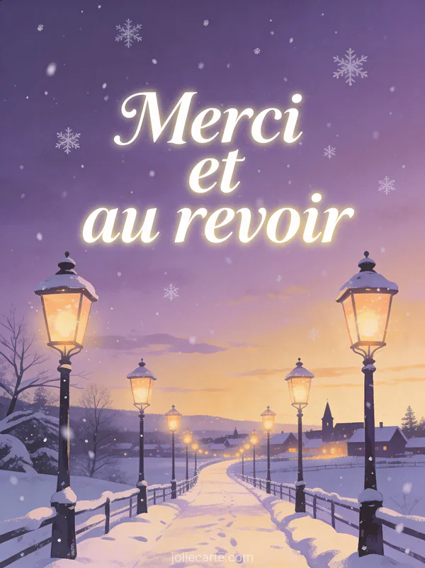 Texte Merci et au revoir en lettres blanches élégantes sur un chemin enneigé bordé de lanternes menant vers un village sous un ciel crépusculaire violet et doré