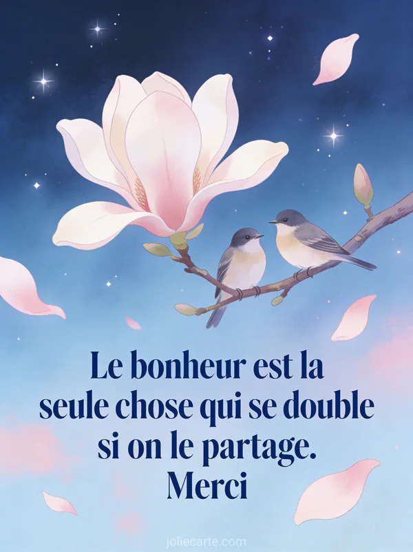 Deux petits oiseaux perchés sur une branche fleurie de magnolia avec pétales qui volent et le texte de remerciement
