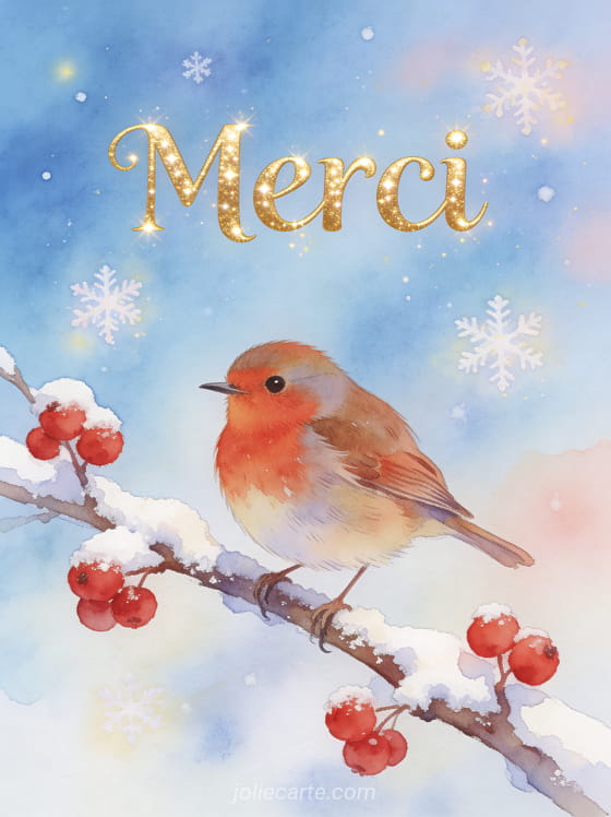 Texte Merci en lettres dorées scintillantes avec un rouge-gorge perché sur une branche enneigée garnie de baies rouges style aquarelle douce