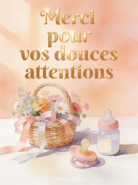 Panier en osier rempli de fleurs des champs avec tétine et biberon miniature sur fond pêche avec le texte Merci