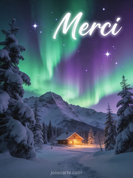 Texte Merci en lettres blanches calligraphiées sur un paysage de montagne enneigée avec chalet illuminé et aurore boréale verte et violette dans le ciel étoilé