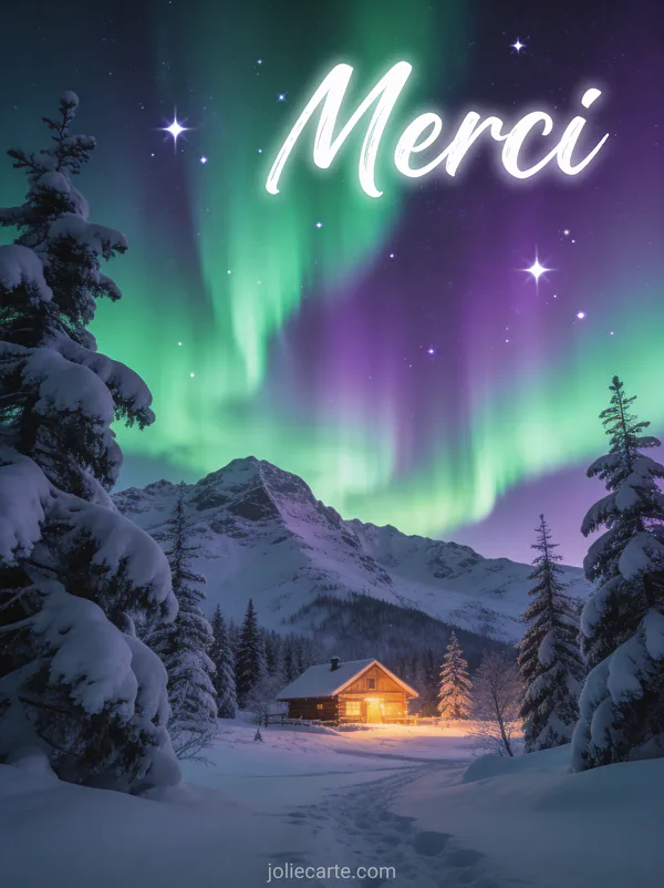 Texte Merci en lettres blanches calligraphiées sur un paysage de montagne enneigée avec chalet illuminé et aurore boréale verte et violette dans le ciel étoilé